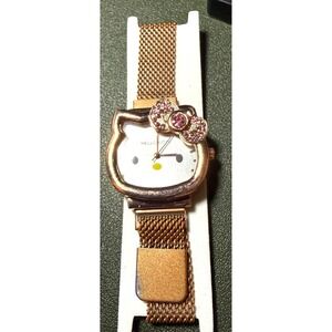 Hello Kitty Watch Women Rose Goldtone Excellent Mesh Rhinestone 7" New